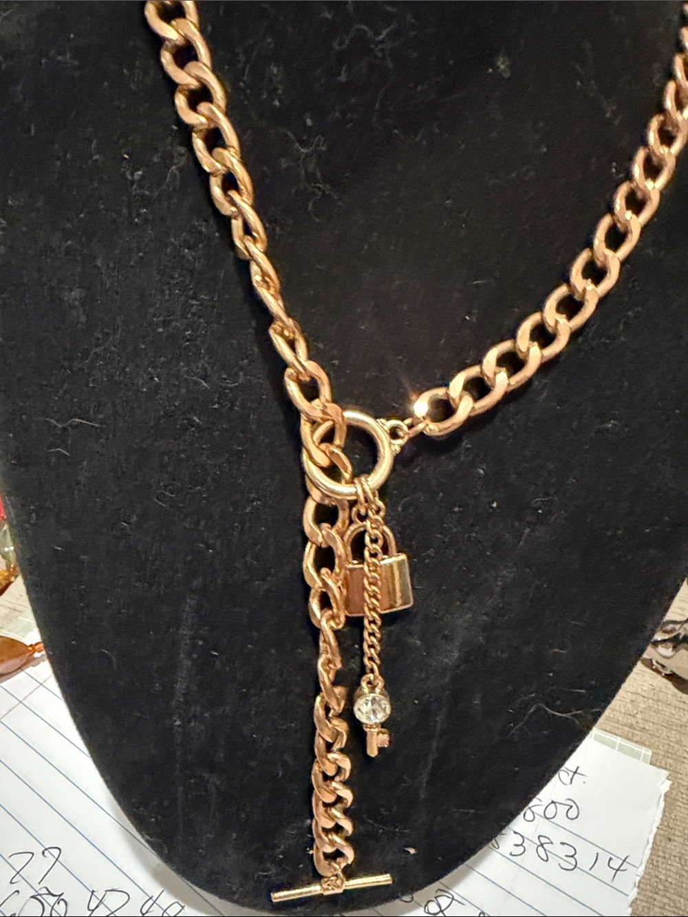 Gold-Tone Chain Toggle Necklace with Lock & Crystal Charm